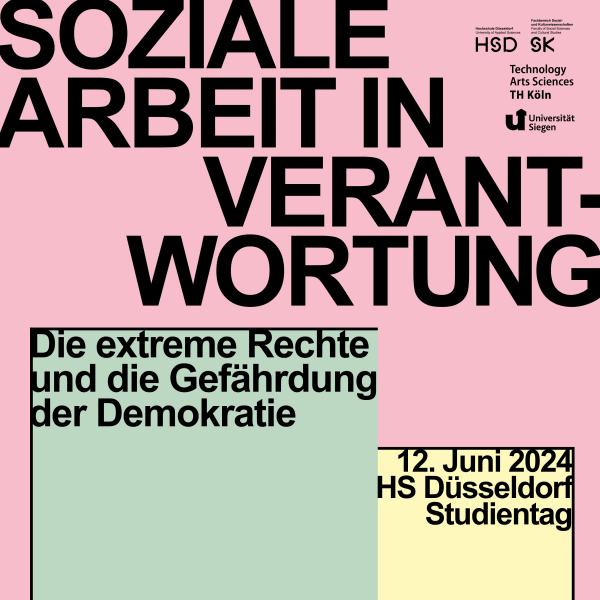 Plakat zum Studientag mit pinkem Hintergrund, grünem und gelben Textblöcken