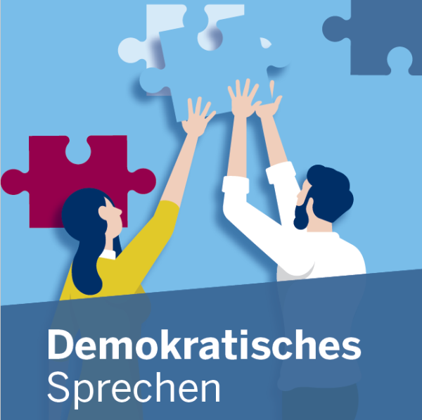 "Demokratisches Sprechen" Zwei Personen fügen ein Puzzleteil ein. 